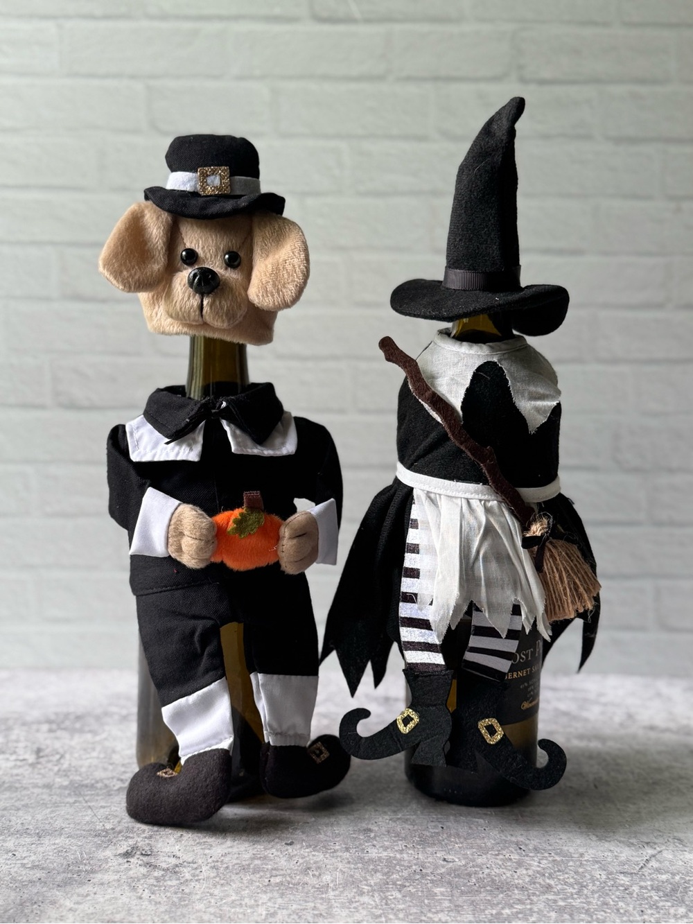 Halloween Witch and Dog Pilgrim Wine Covers